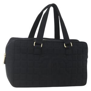CHANEL Choco Bar Hand Bag Cotton Black Gold CC Auth 158843